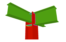 Unione saldata di una trave incastrata all'ala del pilastro (all'estremo del pilastro), e con due travi ortogonali incernierate
