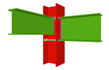 Unione saldata di una trave incastrata all'ala del pilastro (pilastro passante), e con una trave ortogonale incerierata