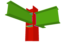 Unione saldata di una trave incastrata all'ala del pilastro (pilastro passante), e con due travi ortogonali incernierate