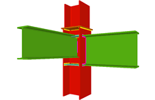 Unión soldada de una viga empotrada al ala del pilar (en transición de pilares), y con una viga ortogonal articulada