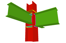 Unione saldata di una trave incastrata all'ala del pilastro (in corrispondenza della transizione dei pilastri), e con due travi ortogonali incernierate