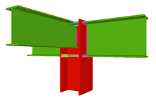 Unione saldata di due travi incastrate alle ali del pilastro (all'estremo del pilastro), e con una trave ortogonale incernierata