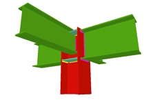 Unione saldata di due travi incastrate alle ali del pilastro (all'estremo del pilastro), e con due travi ortogonali incernierate