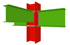 Unión soldada de dos vigas empotradas a las alas del pilar (pilar pasante), y con una viga ortogonal articulada