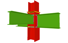 Unión soldada de dos vigas empotradas a las alas del pilar (en transición de pilares), y con una viga ortogonal articulada