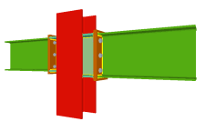 Unione bullonata di due travi incastrate all'anima del pilastro mediante lamiere frontali tipo flangia (pilastro passante)