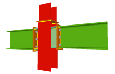Unione bullonata di due travi incastrate all'anima del pilastro mediante lamiere frontali tipo flangia (in corrispondenza della transizione dei pilastri)