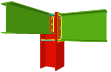 Unione bullonata di una trave incastrata all'ala del pilastro mediante lamiera frontale e di un'altra trave ortogonale incernierata mediante lamiere laterali (all'estremo del pilastro)