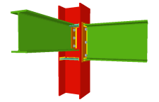 Unione bullonata di una trave incastrata all'ala del pilastro mediante lamiera frontale e di due travi ortogonali incernierate mediante lamiere laterali (pilastro passante)
