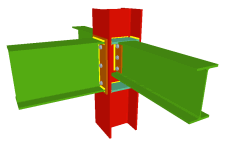 Unione bullonata di una trave incastrata all'ala del pilastro mediante lamiera frontale e di due travi ortogonali incernierate mediante lamiere laterali (pilastro passante)