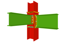 Unione bullonata di una trave incastrata all'ala del pilastro mediante lamiera frontale e di un'altra trave ortogonale incernierata mediante lamiera laterale (in corrispondenza della transizione dei pilastri)