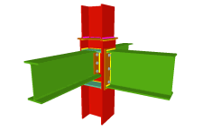 Ligação aparafusada de uma viga encastrada ao banzo do pilar mediante chapa frontal e com duas vigas ortogonais articuladas mediante chapas laterais (em transição de pilares)