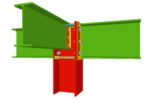 Ligação aparafusada de duas vigas encastradas aos banzos do pilar mediante chapas frontais e com uma viga ortogonal articulada à alma do mesmo mediante chapa lateral (em extremo de pilar)