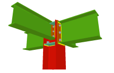 Ligação aparafusada de duas vigas encastradas aos banzos do pilar mediante chapas frontais e com duas vigas ortogonais articuladas à alma do mesmo mediante chapas laterais (em extremo de pilar)