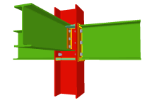 Unión atornillada de dos vigas empotradas a las alas del pilar mediante chapas frontales y otra ortogonal articulada mediante chapa lateral (pilar pasante)