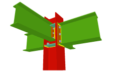 Unione bullonata di due travi incastrate alle ali del pilastro mediante lamiere frontali e di due travi ortogonali incernierate mediante lamiere laterali (pilastro passante)