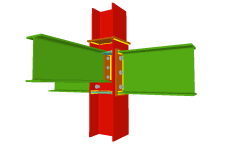 Unión atornillada de dos vigas empotradas a las alas del pilar mediante chapas frontales y otra ortogonal articulada mediante chapa lateral (en transición de pilares)