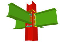 Unión atornillada de dos vigas empotradas a las alas del pilar mediante chapas frontales y dos ortogonales articuladas mediante chapas laterales (en transición de pilares)