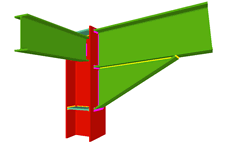 Unione saldata di pilastro con trave incastrata con fazzoletto d'angolo, e con una trave ortogonale incernierata (all'estremo del pilastro)