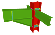 Unione saldata di pilastro con trave con fazzoletto d'angolo, e con due travi ortogonali incernierate (pilastro passante)