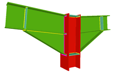 Unione saldata di pilastro con due travi incastrate con fazzoletti d'angolo, e con una trave ortogonale incernierata (all'estremo del pilastro)