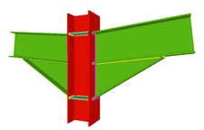 Unione saldata di pilastro con due travi incastrate con fazzoletti d'angolo (pilastro passante)