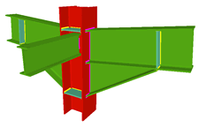 Unione saldata di pilastro con due travi incastrate con fazzoletti d'angolo, e con una trave ortogonale incernierata (pilastro passante)