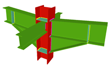 Unione saldata di pilastro con due travi incastrate con fazzoletti d'angolo, e con due travi ortogonali incernierate (pilastro passante)