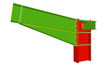 Unione bullonata di pilastro con trave con fazzoletto d'angolo inferiore incastrata mediante lamiera frontale, e con una trave ortogonale incernierata mediante lamiera laterale (all'estremo del pilastro)