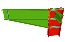 Unione bullonata di pilastro con trave con fazzoletto d'angolo inferiore incastrata mediante lamiera frontale, e con due travi ortogonali incernierate mediante lamiere laterali (all'estremo del pilastro)