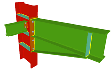 Unione bullonata di pilastro con trave incastrata con fazzoletto d'angolo mediante lamiera frontale e con una trave ortogonale incernierata mediante lamiera laterale