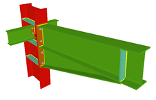 Unione bullonata di pilastro passante con trave con fazzoletto d'angolo inferiore incastrata mediante lamiera frontale e con due travi ortogonali incernierate mediante lamiere laterali (pilastro passante)
