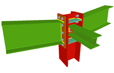 Unione bullonata di pilastro con due travi incastrate mediante lamiere frontali, e con due travi ortogonali incernierate mediante lamiere laterali (all'estremo del pilastro)