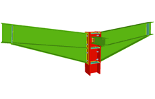 Unione bullonata di pilastro con due travi incastrate mediante con fazzoletti d'angolomediante lamiere frontali, e con una trave ortogonale incernierata mediante lamiera laterale (all'estremo del pilastro)