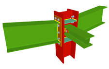 Unione bullonata di pilastro con due travi incastrate mediante lamiere frontali, e con una trave ortogonale incernierata mediante lamiera laterale (pilastro passante)