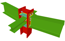 Unione bullonata di pilastro con due travi incastrate mediante lamiere frontali, e con due travi ortogonali incernierate mediante lamiere laterali (pilastro passante)