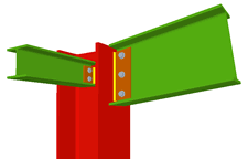 Unione bullonata di pilastro con trave incernierata mediante lamiera laterale  e con una trave ortogonale incernierate mediante lamiere laterale (all'estremo del pilastro)