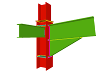 Unione saldata di pilastro con trave incastrata con fazzoletto d'angolo, e con una trave ortogonale incernierata (in corrispondenza della transizione dei pilastri)