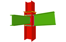 Unione saldata di pilastro con trave incastrata, e con una trave ortogonale incernierata (in corrispondenza della transizione dei pilastri)