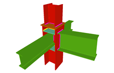 Unione saldata di pilastro con trave incastrata, e con due travi ortogonali incernierate (in corrispondenza della transizione dei pilastri)