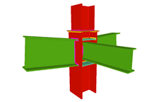 Unione saldata di pilastro con due travi incastrate, e con una trave ortogonale incernierata (in corrispondenza della transizone dei pilastri)