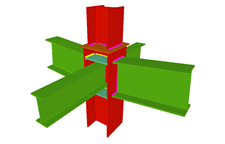 Unione saldata di pilastro con due travi incastrate, e con due travi ortogonali incernierate (in corrispondenza della transizone dei pilastri)