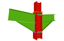 Unione saldata di pilastro con due travi incastrate con fazzoletti d'angolo (in corrispondenza della transizione dei pilastri)