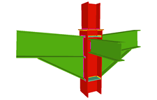 Unión soldada de pilar con dos dinteles empotrados con cartelas, y con una viga ortogonal articulada (en transición de pilares)
