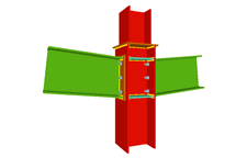 Unione bullonata di pilastro con due travi incastrate mediante lamiere frontali (in corrispondenza della transizione dei pilastri)