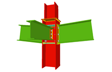 Unione bullonata di pilastro con due travi incastrate mediante lamiere frontali, e con una trave ortogonale incernierata mediante lamiera laterale (in corrispondenza della transizione dei pilastri)