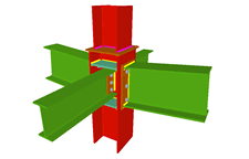 Unione bullonata di pilastro con due travi incastrate mediante lamiere frontali, e con due travi ortogonali incernierate mediante lamiera laterale (in corrispondenza della transizione dei pilastri)