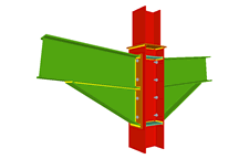 Unione bullonata di pilastro con due travi incastrate con fazzoletti d'angolo mediante lamiere frontali (in corrispondenza della transizione dei pilastri)