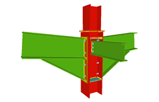 Unione bullonata di pilastro con due travi incastrate con fazzoletti d'angolo mediante lamiere frontali, e con una trave ortogonale incernierata mediante lamiera laterale (in corrispondenza della transizione dei pilastri)