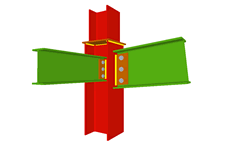 Unión atornillada de pilar con dintel articulado mediante chapa lateral y con una viga ortogonal articulada mediante chapa lateral (en transición de pilares)